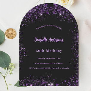 Black purple glitter birthday arch invitation
