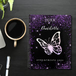 Black purple glitter butterfly name script planner<br><div class="desc">Black background,  white text. Decorated with purple faux glitter,  sparkles and a large butterfly. Personalise and add a year,  your name and a title. The name is written with a modern hand lettered style script.</div>