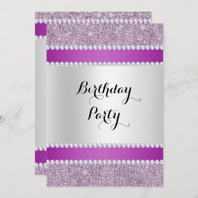 Black & Purple, Glitter & Diamonds Birthday Invitation (Front/Back)