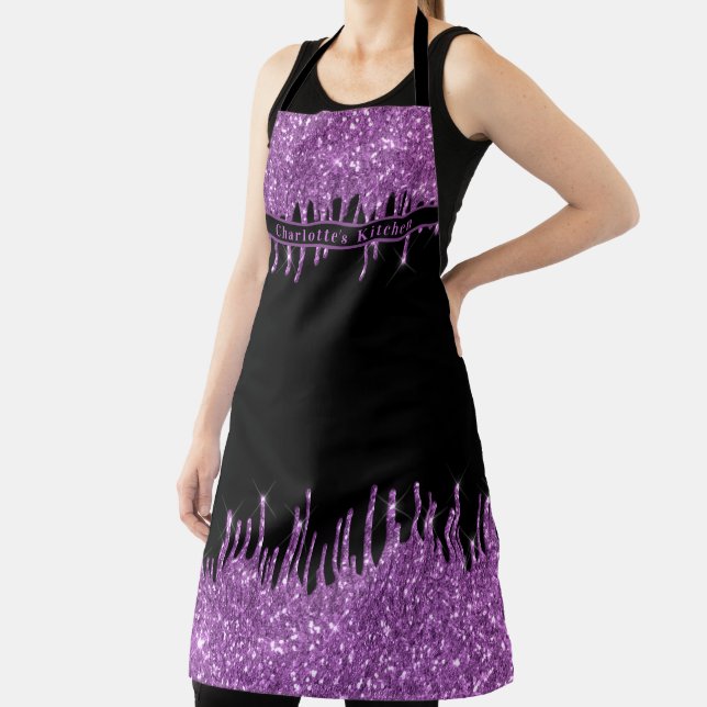 Black purple glitter drips girly modern text  apron (Insitu)