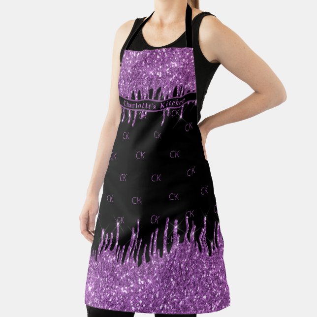 Black purple glitter drips girly monogram initials apron (Insitu)