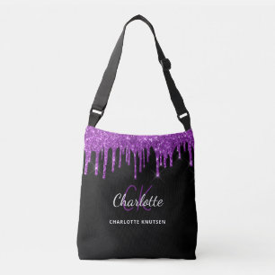 Black purple glitter drips monogram initials crossbody bag