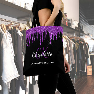 Black purple glitter drips monogram initials tote bag
