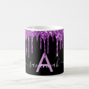 Black purple glitter drips monogram name script coffee mug