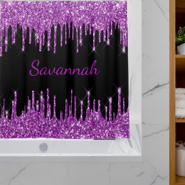 Black purple glitter drips monogram script luxury shower curtain (Creator Uploaded)