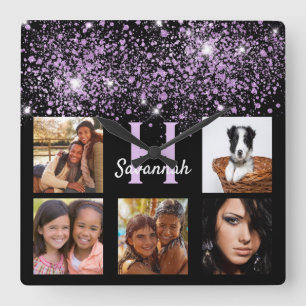 Black purple glitter dust custom photo collage square wall clock