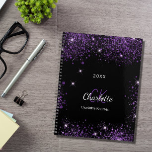 Black purple glitter dust monogram initials 2026 planner