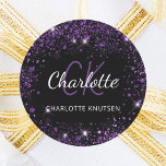 Black purple glitter dust monogram initials name  classic round sticker<br><div class="desc">A classic black background. Decorated with purple faux glitter dust. Personalise and add your first name,  monogram initials and full name.</div>