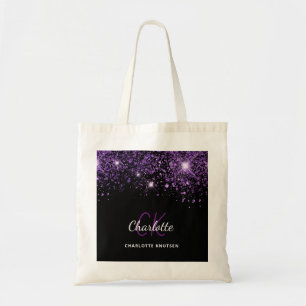 Black purple glitter dust monogram initials tote bag
