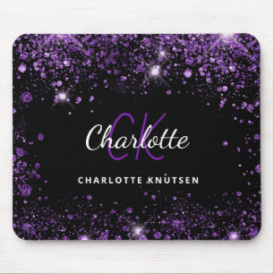 Black purple glitter monogram initails name mouse pad