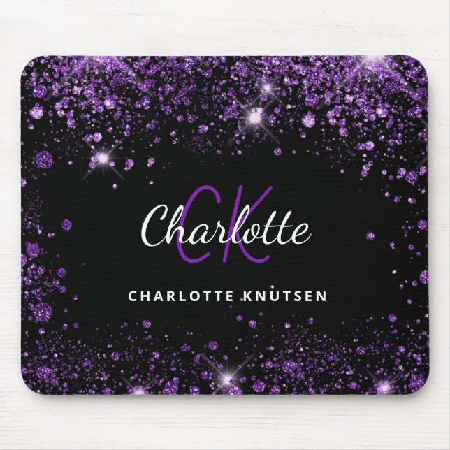 Black purple glitter monogram initails name  mouse pad (Front)