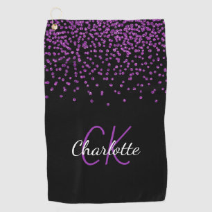 Black purple glitter monogram initials name golf towel