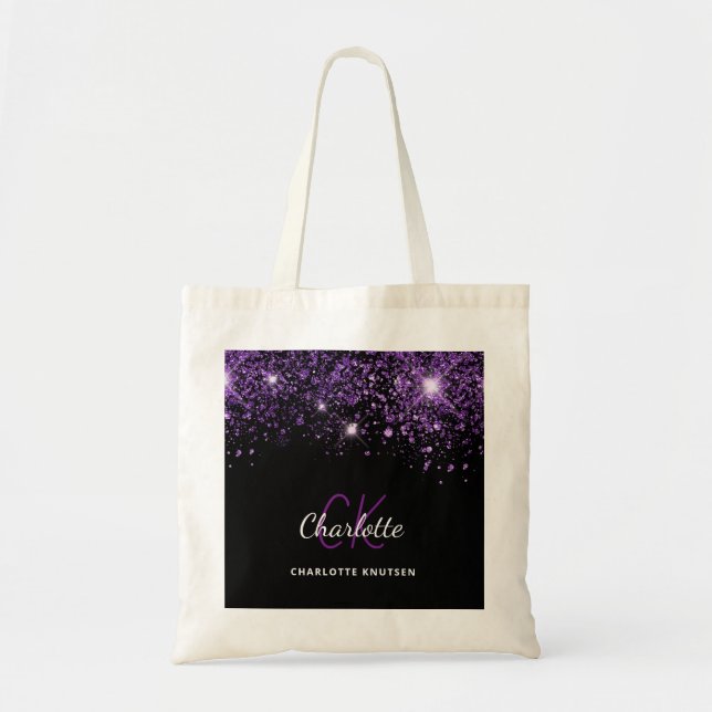 Black purple glitter monogram initials tote bag (Front)