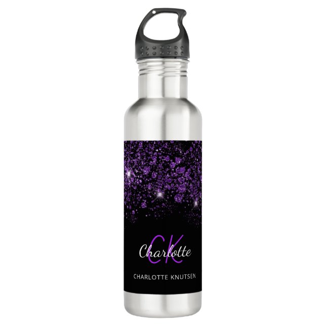 Black purple glitter monogram name 710 ml water bottle (Front)