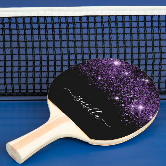 Black purple glitter monogram name script ping pong paddle (Insitu)