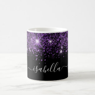 Black purple glitter name glam script coffee mug