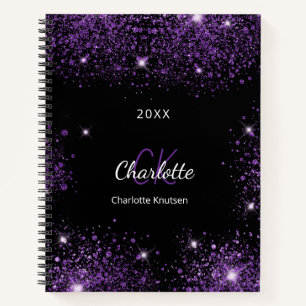 Black purple glitter name monogram notebook