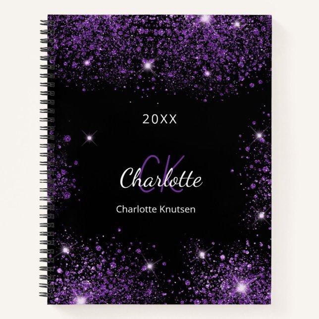 Black purple glitter name monogram notebook (Front)