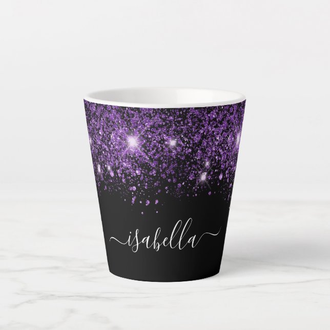 Black purple glitter name script glamourous latte mug (Front)
