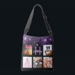 Black purple glitter photo collage monogram name crossbody bag<br><div class="desc">A unique gift for a birthday, Christmas, mother's day, celebrating her life with a collage of 5 of your own photos, pictures. Personalise and add her name and monogram letter. A stylish black background. Decorated with purple faux glitter dust. Purple and white letters. The name is written with a modern...</div>
