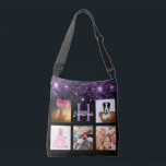 Black purple glitter photo collage monogram name crossbody bag<br><div class="desc">A unique gift for a birthday, Christmas, mother's day, celebrating her life with a collage of 5 of your own photos, pictures. Personalise and add her name and monogram letter. A stylish black background. Decorated with purple faux glitter dust. Purple and white letters. The name is written with a modern...</div>