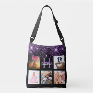 Black purple glitter photo collage monogram name crossbody bag
