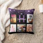 Black purple glitter photo collage monogram name cushion<br><div class="desc">A unique gift for a birthday, Christmas, mother's day, celebrating her life with a collage of 5 of your own photos, pictures. Personalise and add her name and monogram letter. A stylish black background. Decorated with purple faux glitter dust. Purple and white letters. The name is written with a modern...</div>