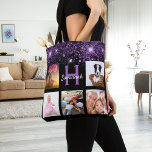 Black purple glitter photo collage monogram name tote bag<br><div class="desc">A unique gift for a birthday, Christmas, mother's day, celebrating her life with a collage of 5 of your own photos, pictures. Personalise and add her name and monogram letter. A stylish black background. Decorated with purple faux glitter dust. Purple and white letters. The name is written with a modern...</div>