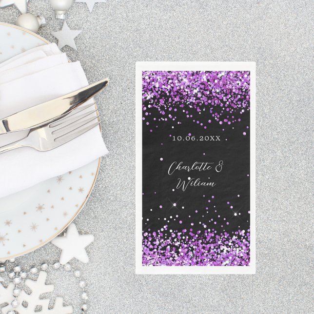 Black purple glitter script wedding napkin (Creator Uploaded)
