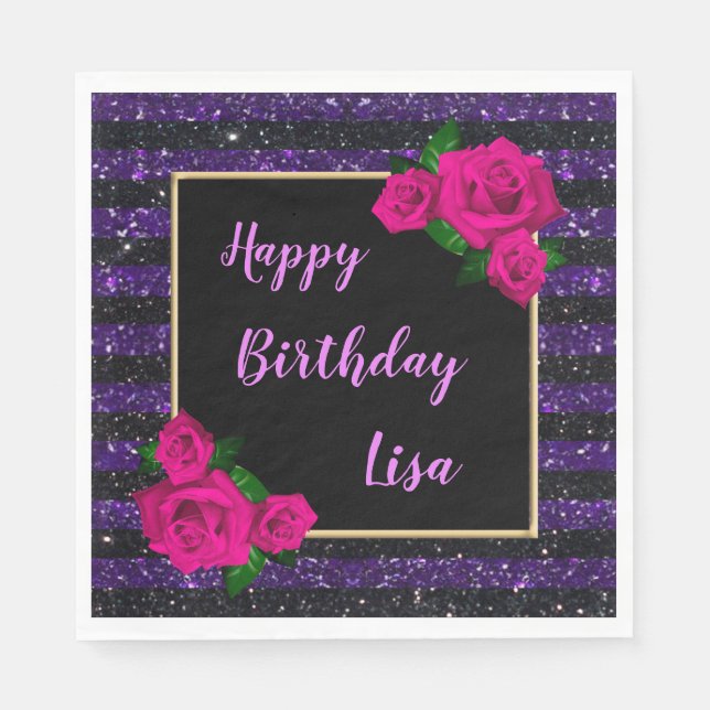 Black Purple Glitter Stripes Pink Roses Birthday Napkin (Front)