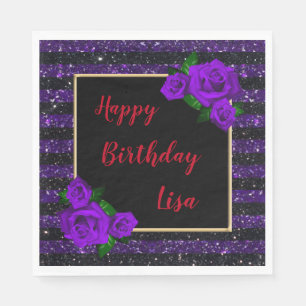 Black Purple Glitter Stripes Purple Roses Birthday Napkin