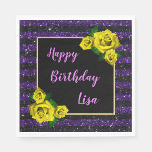 Black Purple Glitter Stripes Yellow Roses Birthday Napkin