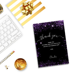 Black purple glitter thank you card