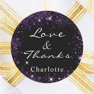 Black purple glitter thank you classic round sticker