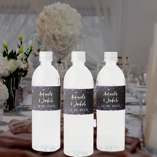 Black purple glitter wedding water bottle label