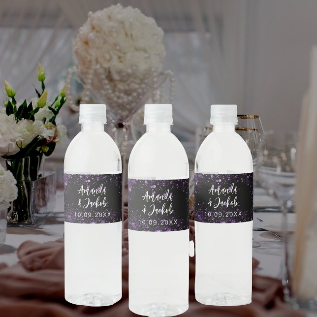 Black purple glitter wedding water bottle label (Creator Uploaded)