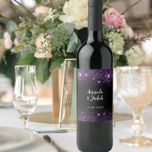 Black purple glitter wedding wine label (Creator Uploaded)