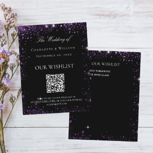 Black purple glitter wedding wishlist QR code Enclosure Card