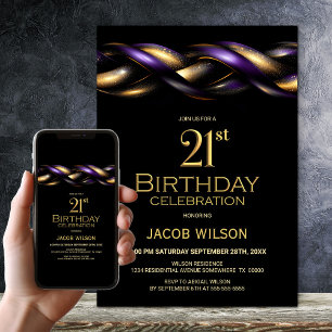Black Purple Gold 21st Birthday Party Invitation