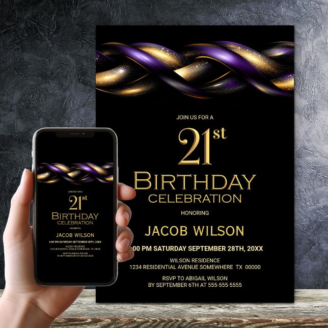 Black Purple Gold 21st Birthday Party Invitation (Creator Uploaded)