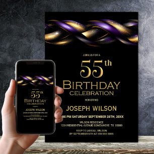 Black Purple Gold 55th Birthday Party Invitation