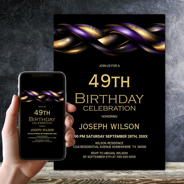 Black Purple Gold Any Age Birthday Party Invitation (Creator Uploaded)