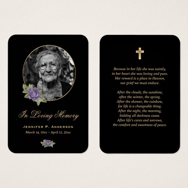 Black Purple Gold Floral Funeral Prayer Card (Front & Back)