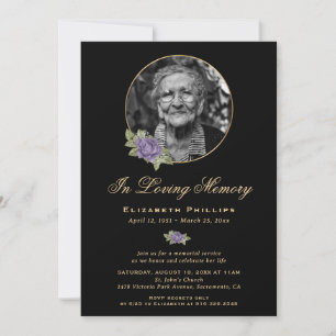 Black Purple Gold Floral Photo Memorial Service Invitation