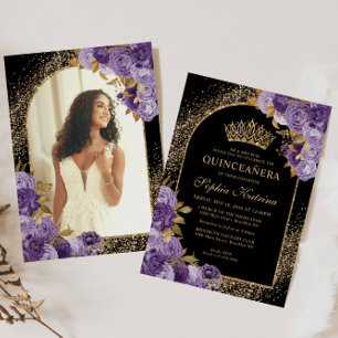 Black Purple Gold Glitter Floral Photo Quinceanera Invitation