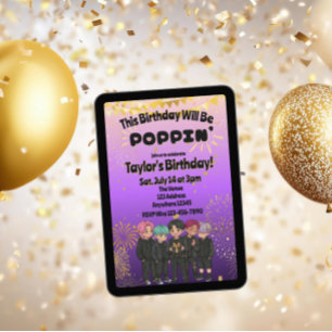 Black Purple Gold KPOP Boys Poppin' Birthday Invitation