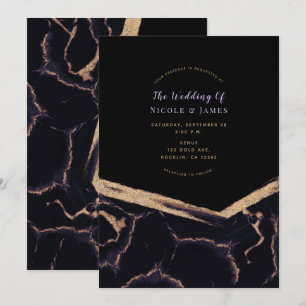 Black Purple & Gold Marble Chic Modern Wedding Invitation