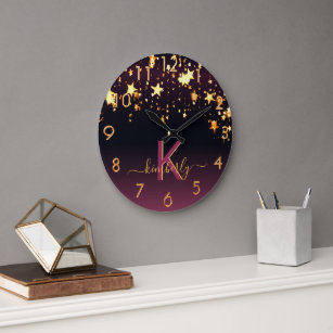Black purple gold stars monogram large clock