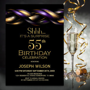 Black Purple Gold Surprise 55th Birthday Party Invitation
