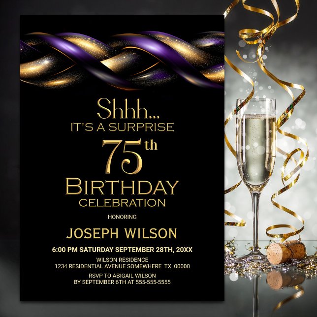 Black Purple Gold Surprise 75th Birthday Party Invitation (Creator Uploaded)